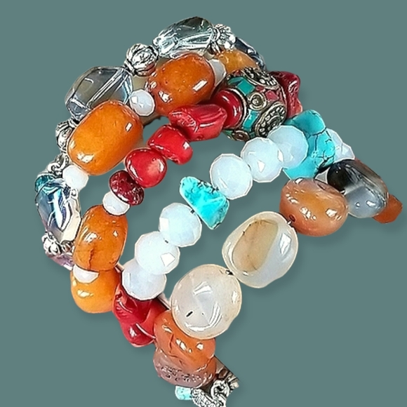 Hand Crafted Boho Beaded Agate, Coral, Turquoise and Amber Wrap Bracelet - Picture 2 of 16